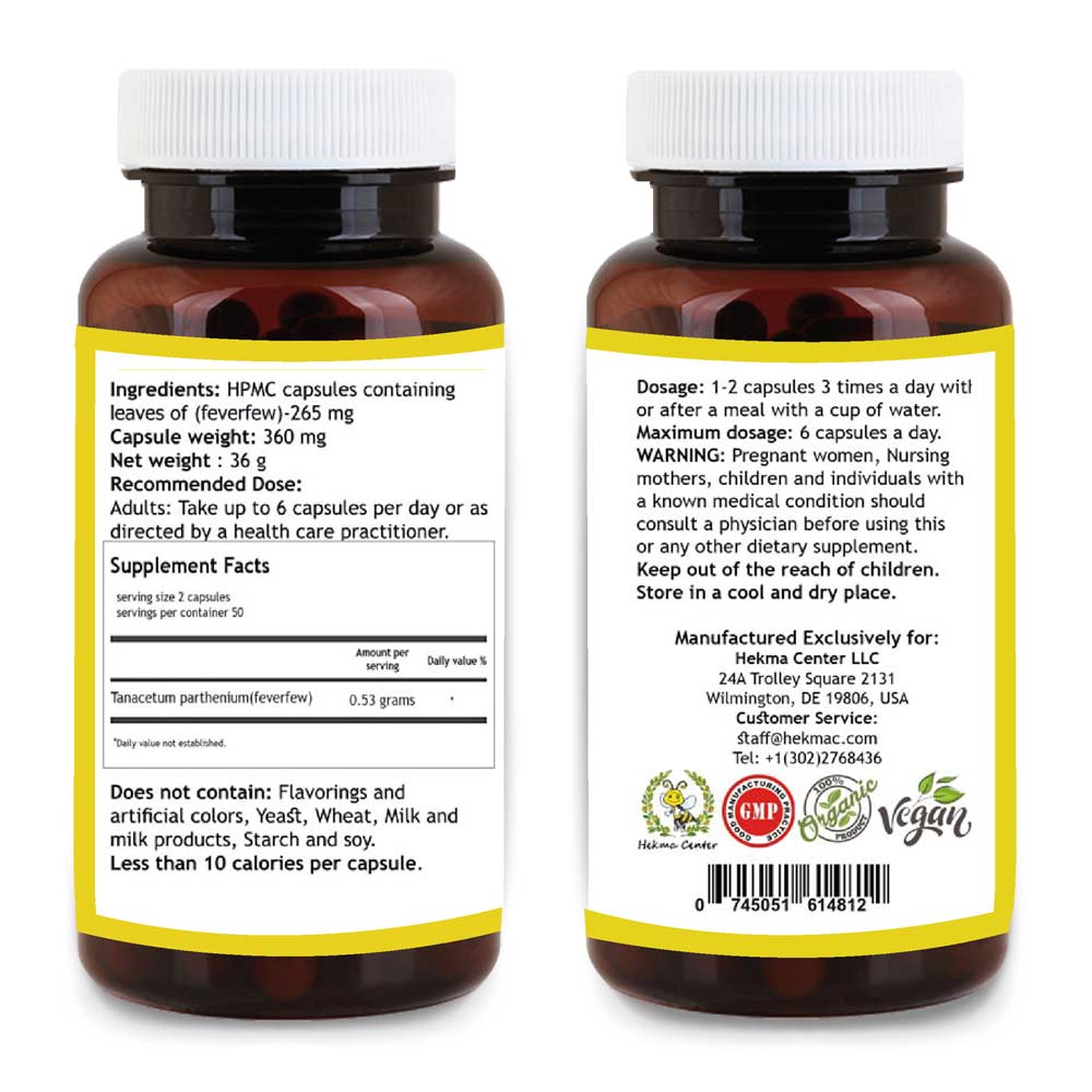 Feverfew Leaf – Organic Tanacetum Parthenium – 100 Capsules