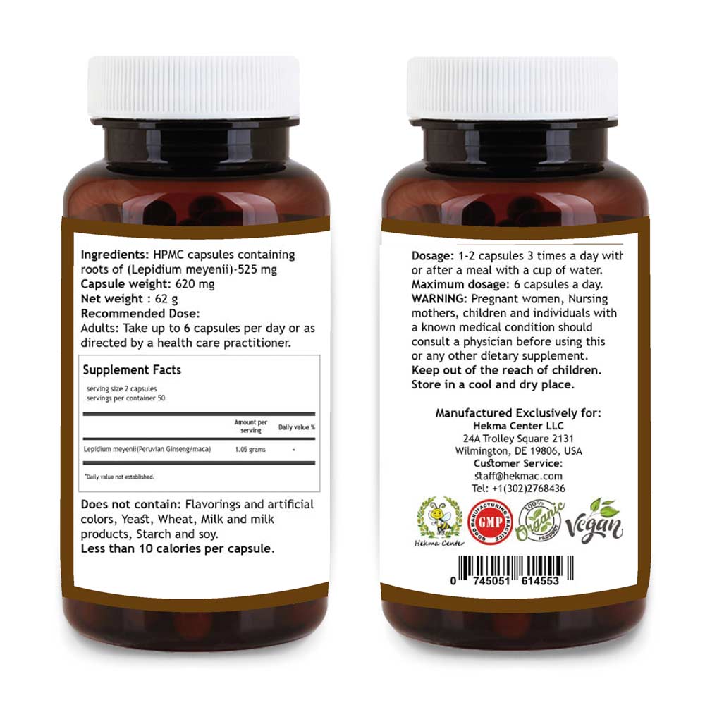 Maca Root Capsules – Organic Lepidium Meyenii – 100 Capsules