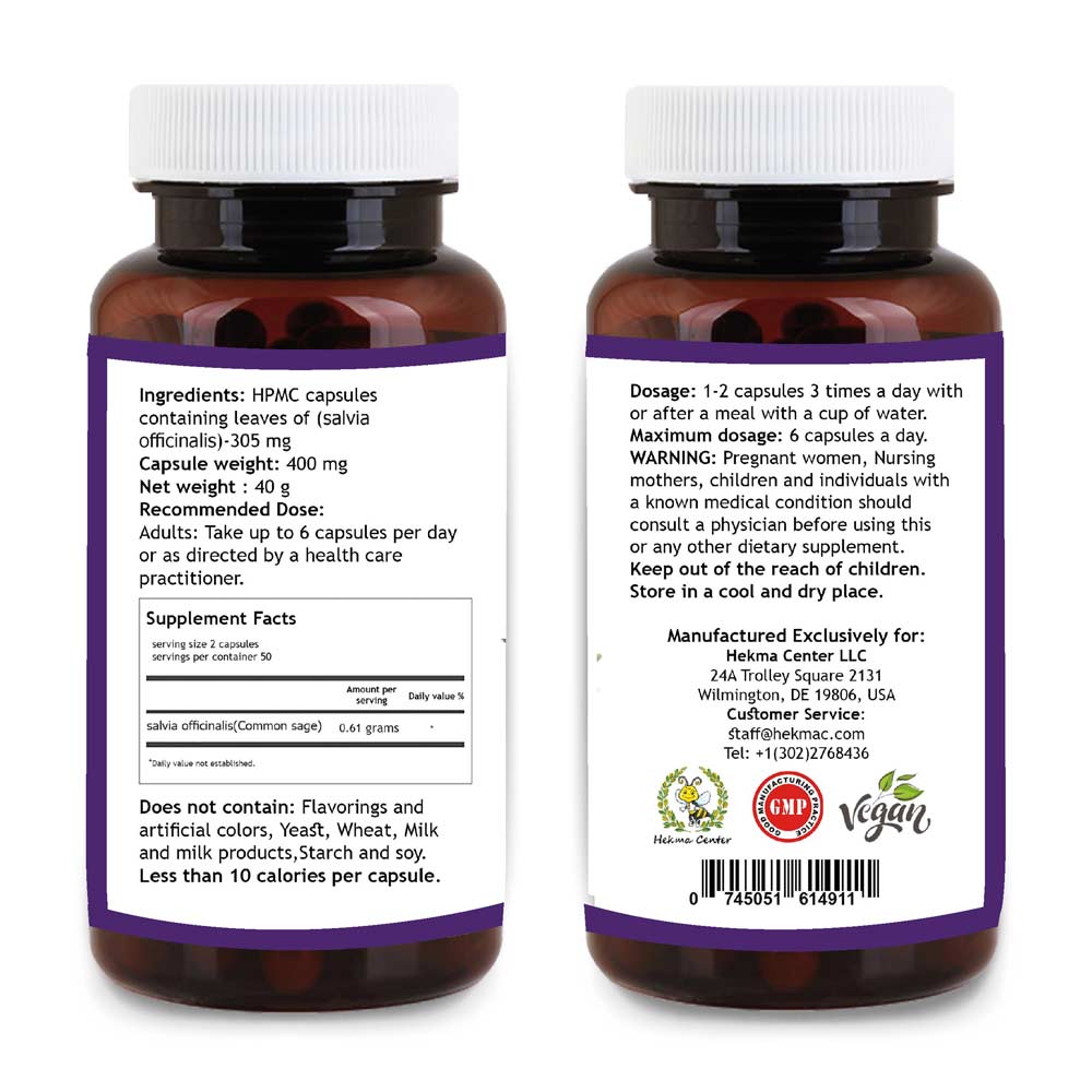 Sage Leaf – Organic Salvia Officinalis – 100 Capsules