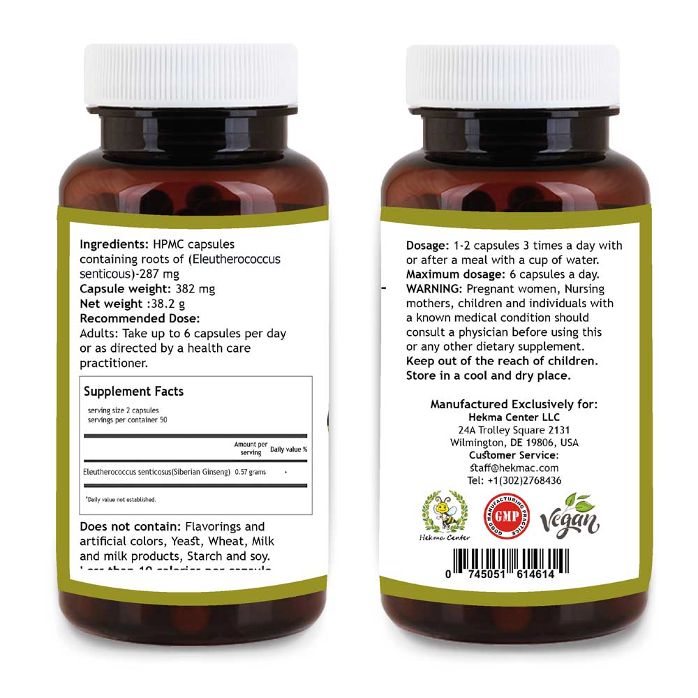 Siberian Ginseng Root- Organic Eleutherococcus Senticosus- 100 Capsules