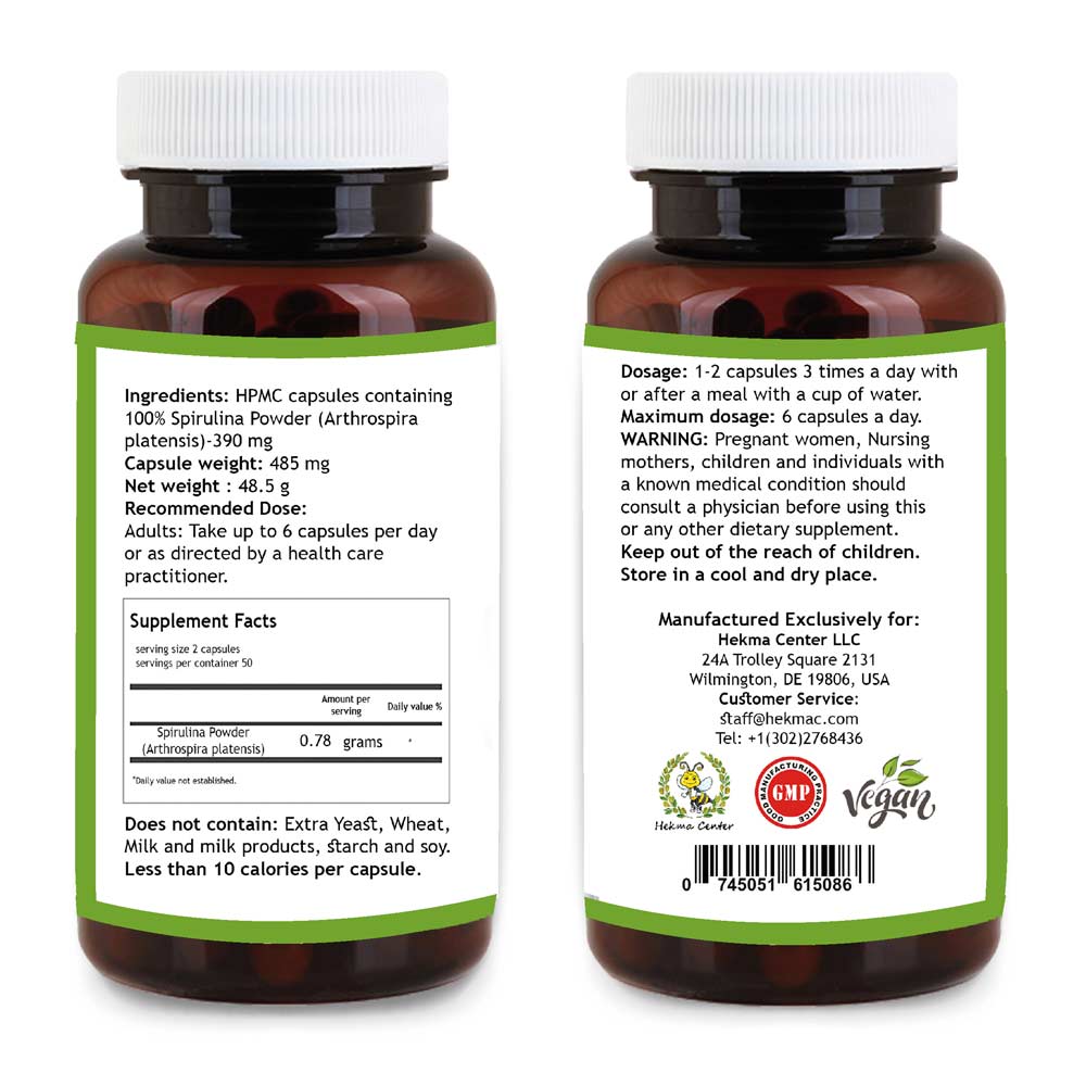 Spirulina Powder - Organic Arthrospira platensis - 100 Capsules