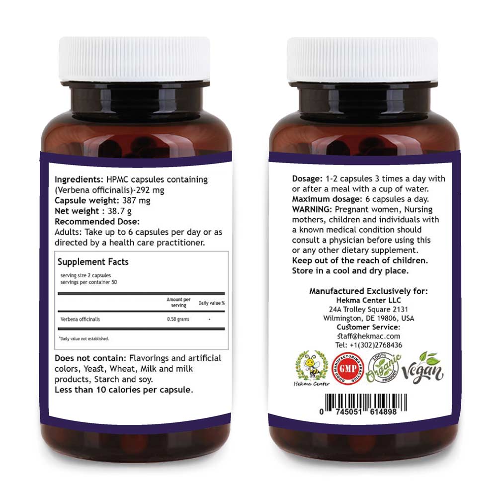 Vervain – Organic Verbena Officinalis – 100 Capsules