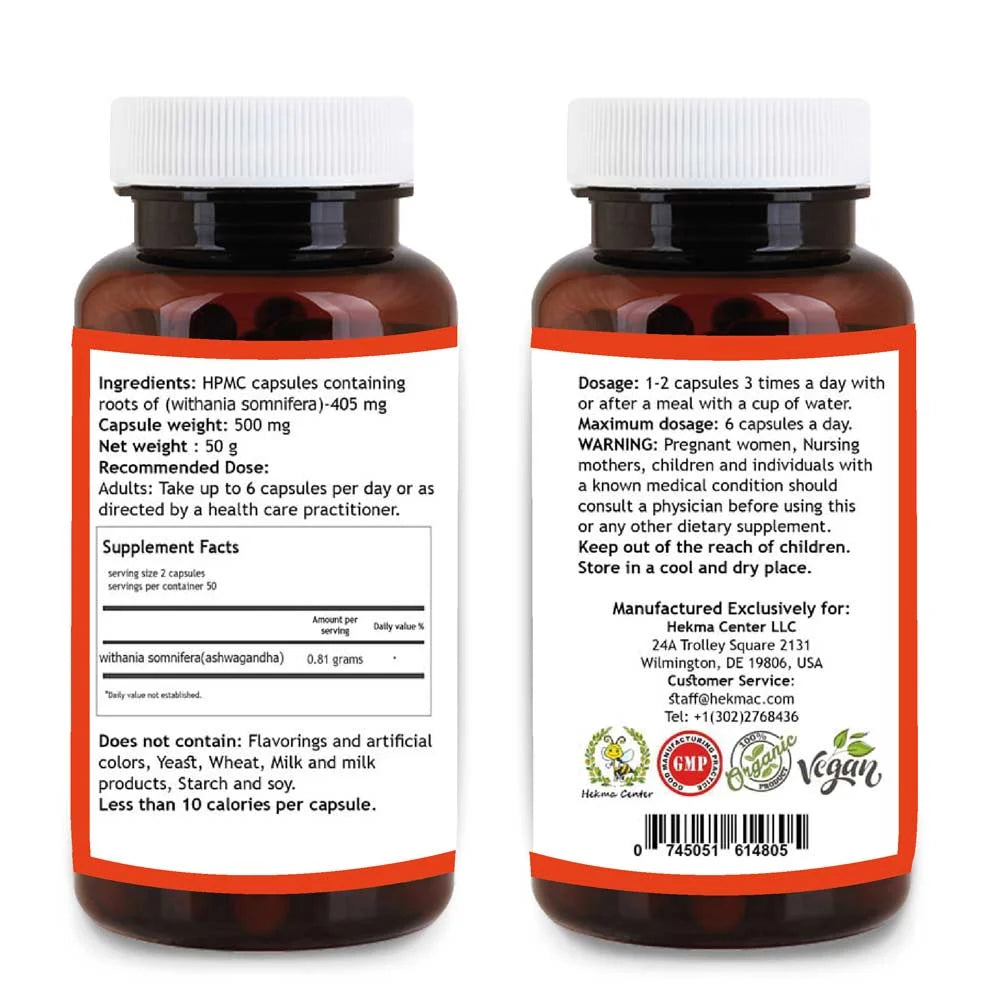 Ashwagandha Root Capsules – Organic Withania Somnifera – 100 Capsules