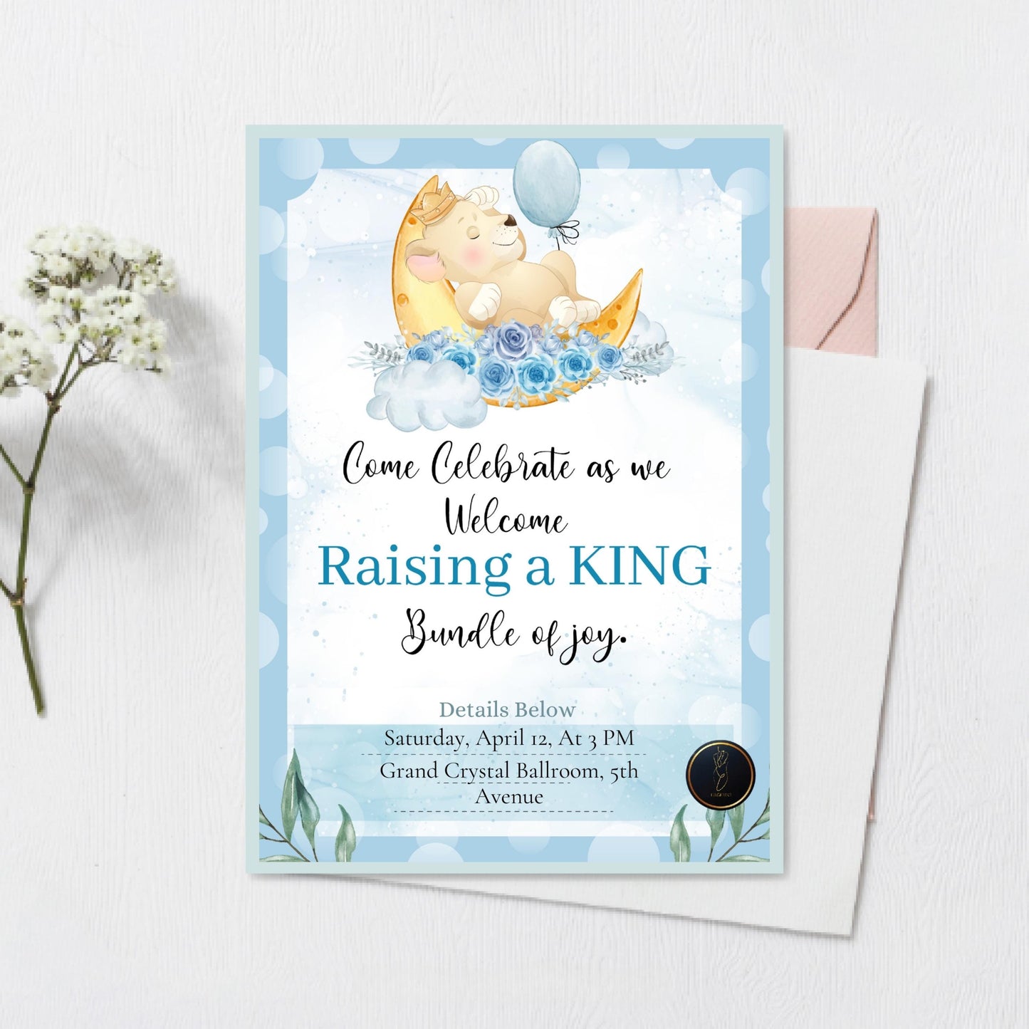 Moon and Stars Baby Shower Invitation | Cute Baby Boy Shower Card | Raising a King Themed Invite | Printable & Editable Digital Template