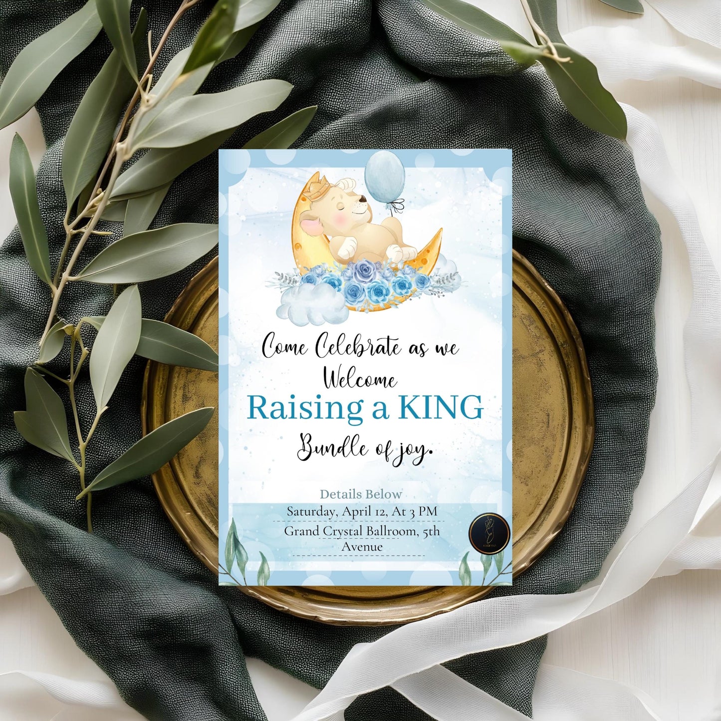 Moon and Stars Baby Shower Invitation | Cute Baby Boy Shower Card | Raising a King Themed Invite | Printable & Editable Digital Template