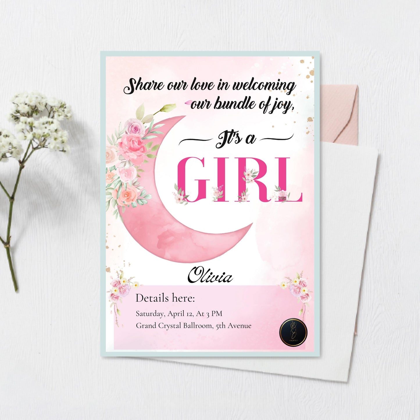 It’s a Girl Baby Shower Invite | Customized Pink Floral Baby Shower Card | Editable Digital Invitation | Instant Download