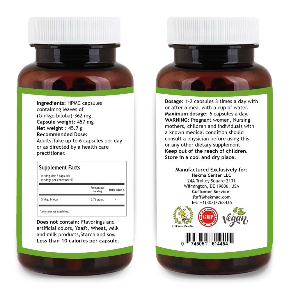 Ginkgo Biloba Leaf Capsules – Organic Ginkgo Leaves- 100 Capsules