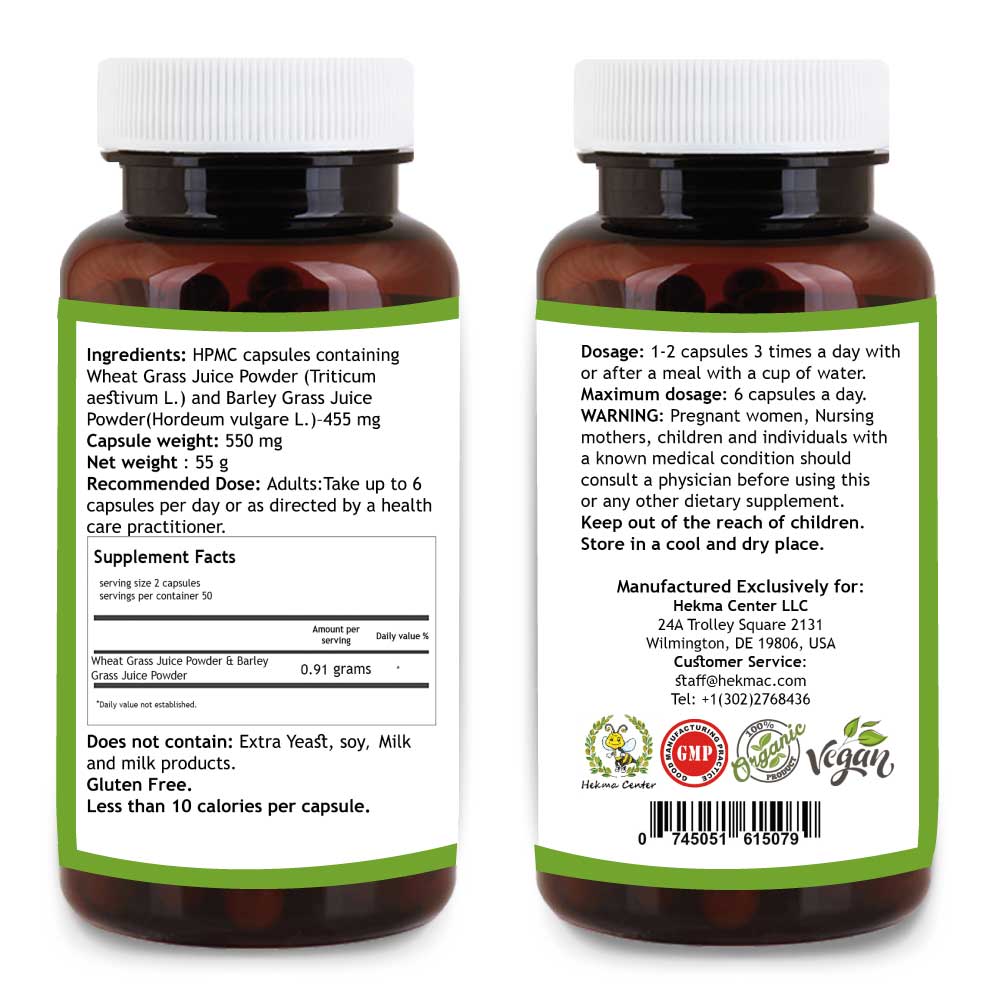 Wheat Grass Juice & Barley Grass Juice - Extract 1:25 - Organic Horedum vulgare and Triticum aestivum - 100 Capsules