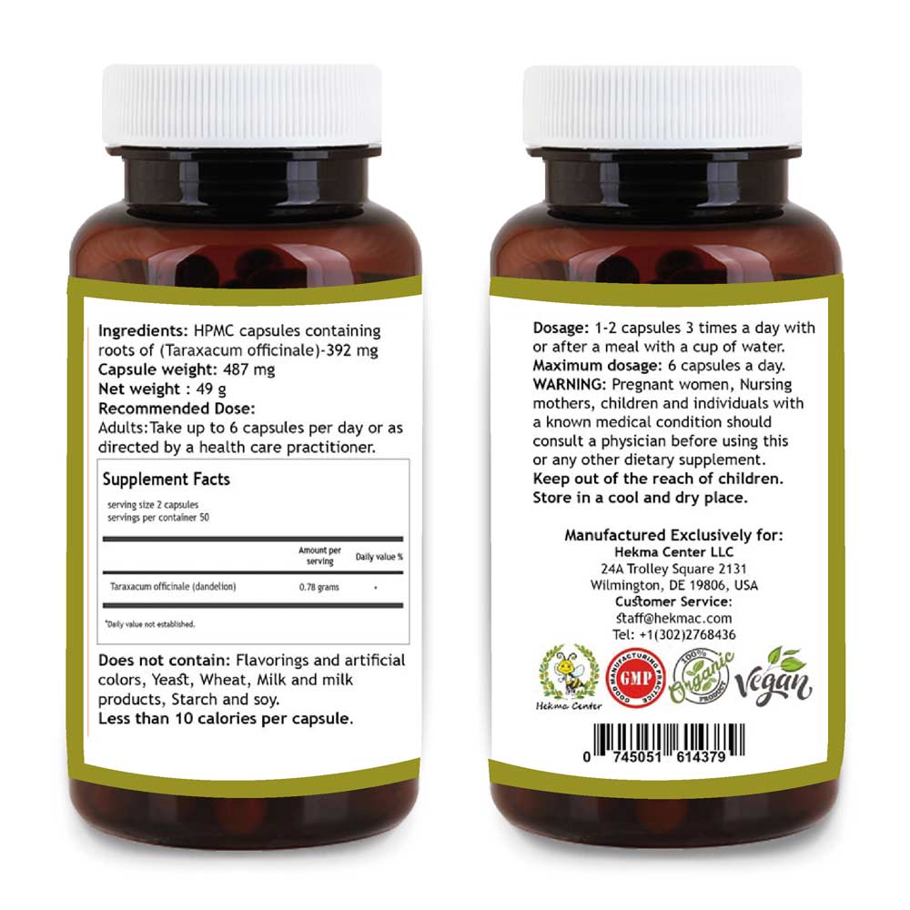 Dandelion Root – Organic Taraxacum Officinalis – 100 Capsules