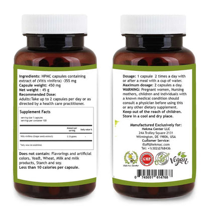 Grape Seed Extract – Organic Vitis Vinifera – 100 Capsules
