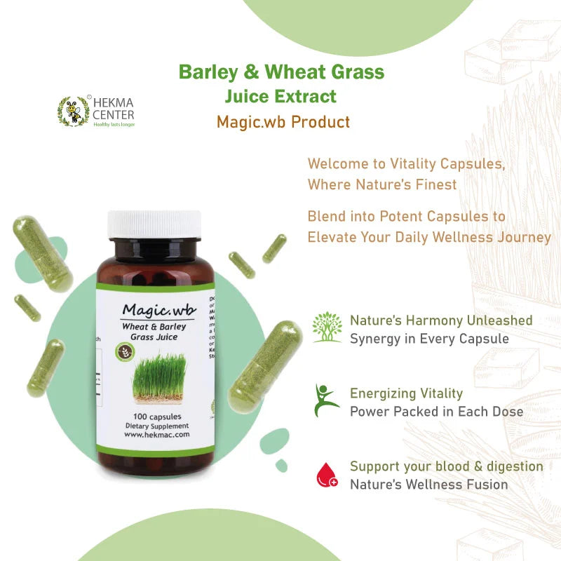 Wheat Grass Juice & Barley Grass Juice - Extract 1:25 - Organic Horedum vulgare and Triticum aestivum - 100 Capsules