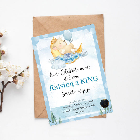 Moon and Stars Baby Shower Invitation | Cute Baby Boy Shower Card | Raising a King Themed Invite | Printable & Editable Digital Template