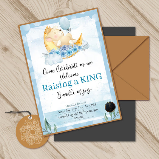 Moon and Stars Baby Shower Invitation | Cute Baby Boy Shower Card | Raising a King Themed Invite | Printable & Editable Digital Template