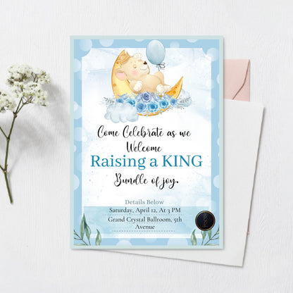 Moon and Stars Baby Shower Invitation | Cute Baby Boy Shower Card | Raising a King Themed Invite | Printable & Editable Digital Template