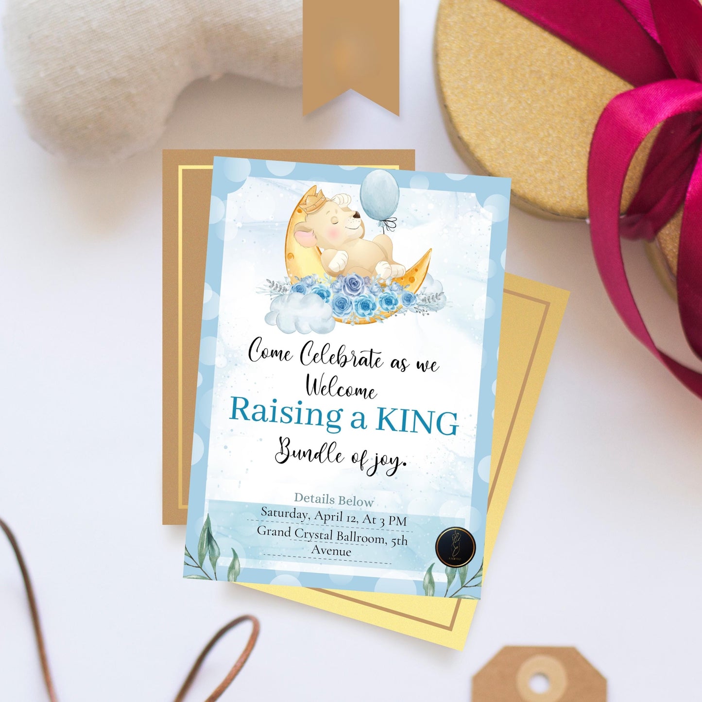 Moon and Stars Baby Shower Invitation | Cute Baby Boy Shower Card | Raising a King Themed Invite | Printable & Editable Digital Template