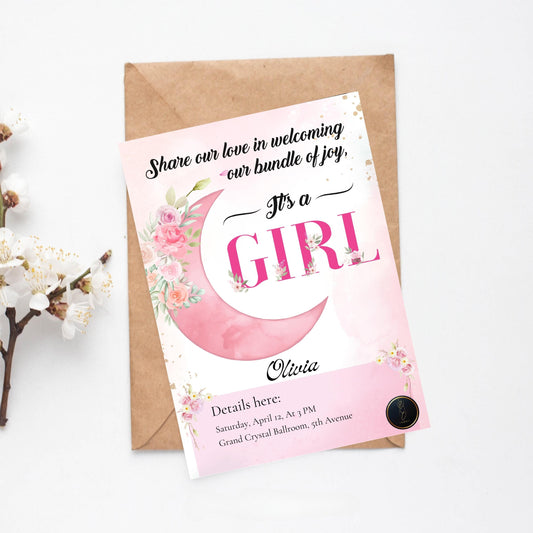 It’s a Girl Baby Shower Invite | Customized Pink Floral Baby Shower Card | Editable Digital Invitation | Instant Download
