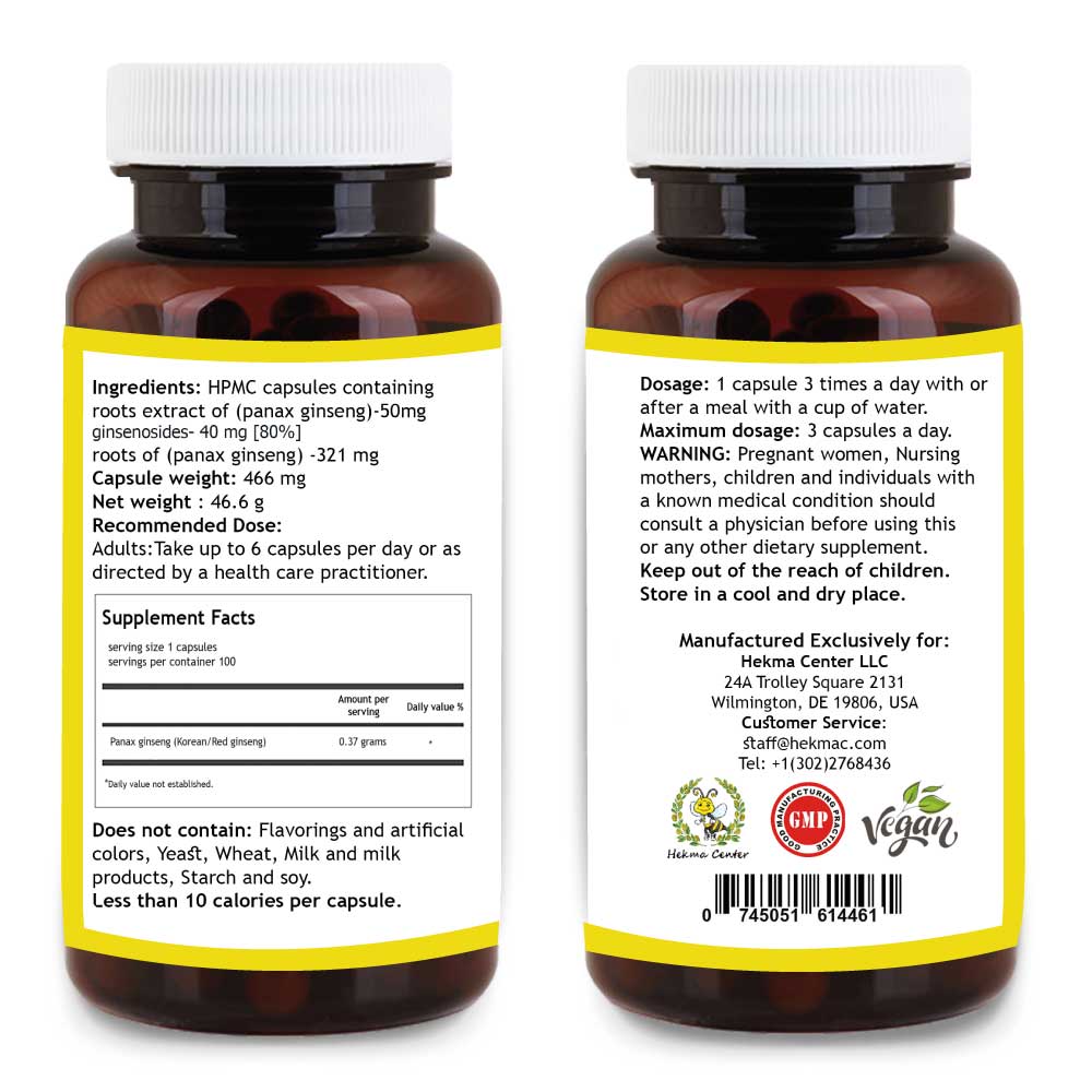 Korean Red Ginseng Root Extract Capsules – Organic Panax Ginseng – 100 Capsules