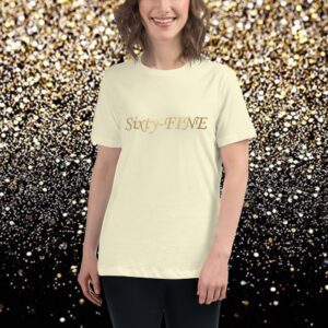 A woman wearing a t-shirt that says " sixty five ".