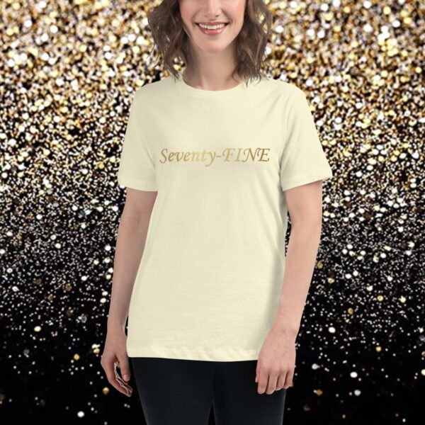 A woman wearing a t-shirt that says " sincerely."