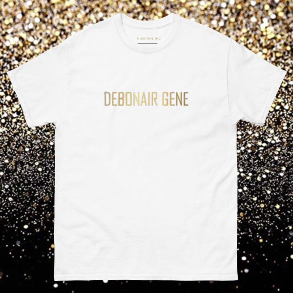 A white t-shirt with the words deadhair dene written in gold.