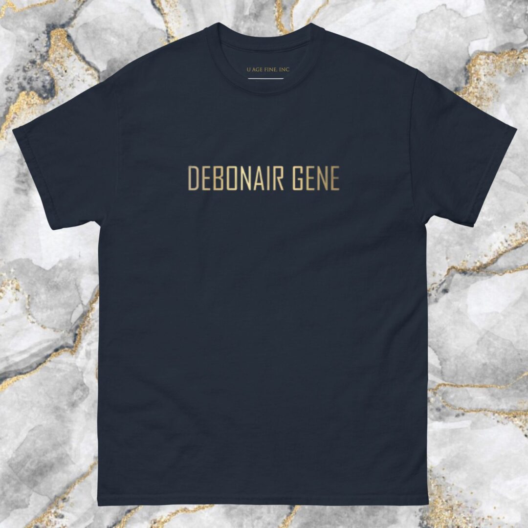 A black t-shirt with the words " debonair gene ".