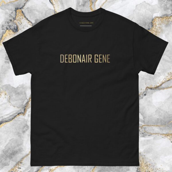 A black t-shirt with the words debonair gene written in gold.