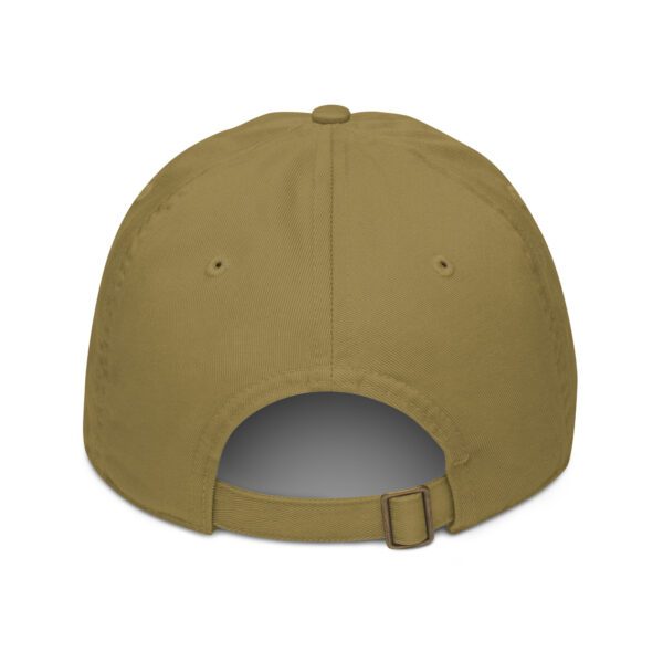 A tan hat with a white logo on it.